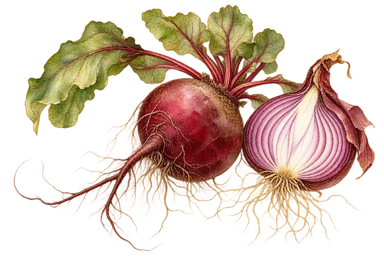 Botanical beetroot and onion sketch with fine gold roots