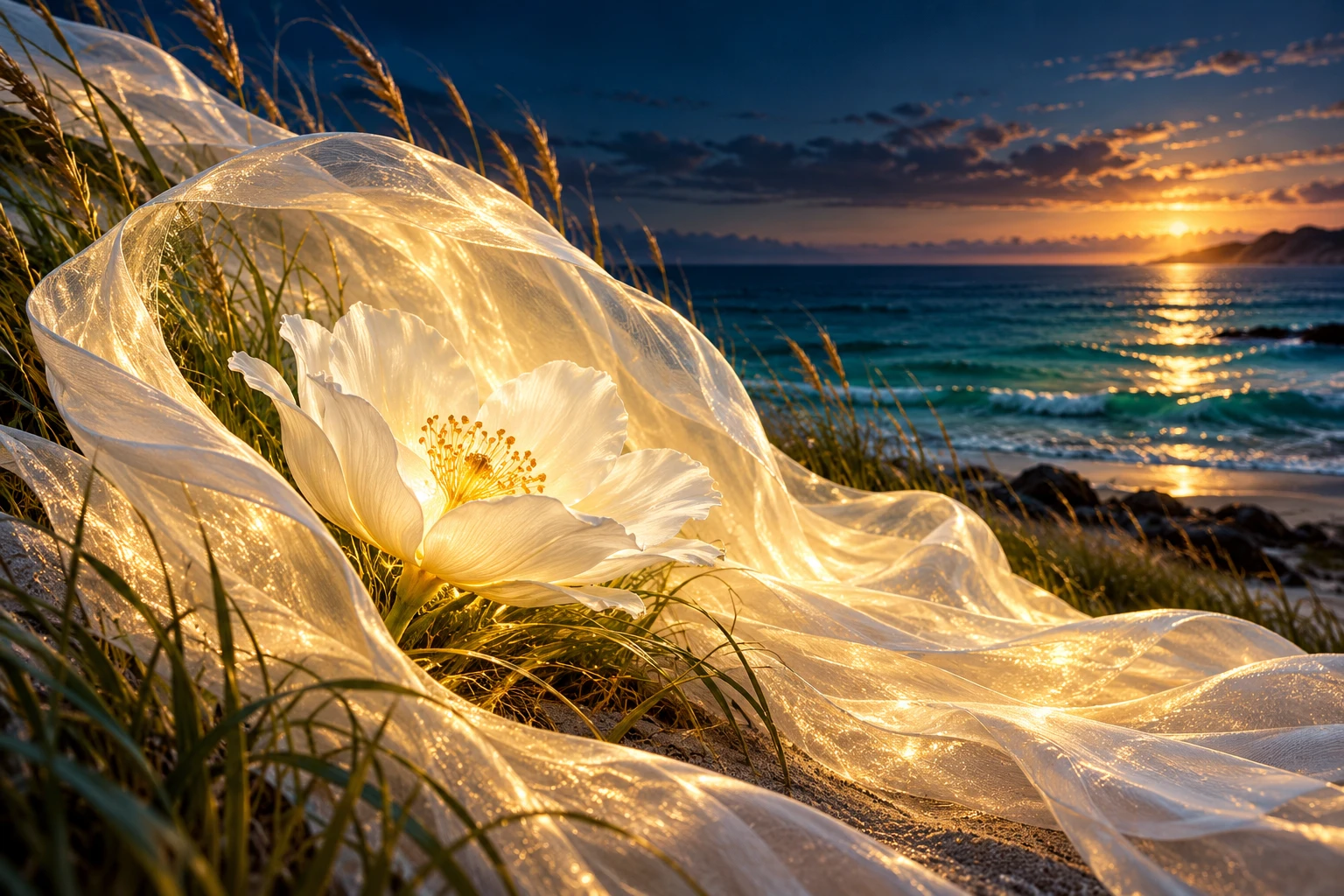 A white flower unfolds within loose pearl-soft layers of light.